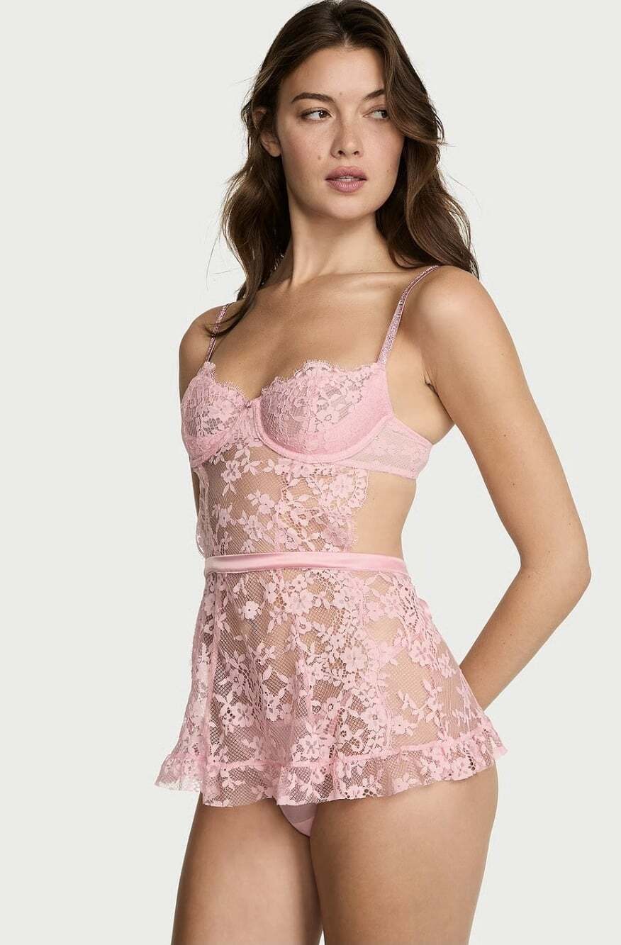 Victoria Secret Very Sexy Wicked Twinkle Pink Lace Unlined Apron Only Babydoll